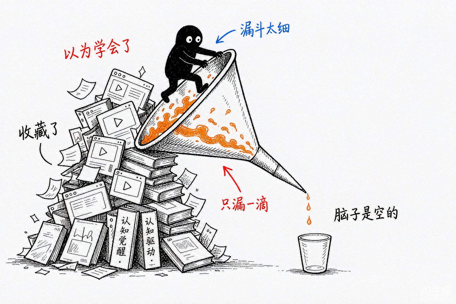 小黑把堆积如山的资料塞进漏斗，出口却只漏下一滴