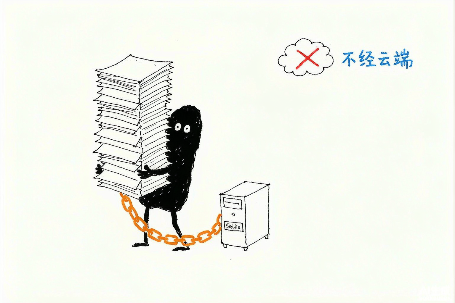 小黑抱着厚厚一摞稿纸，用一根粗锁链把稿子和自己的电脑主机锁在一起
