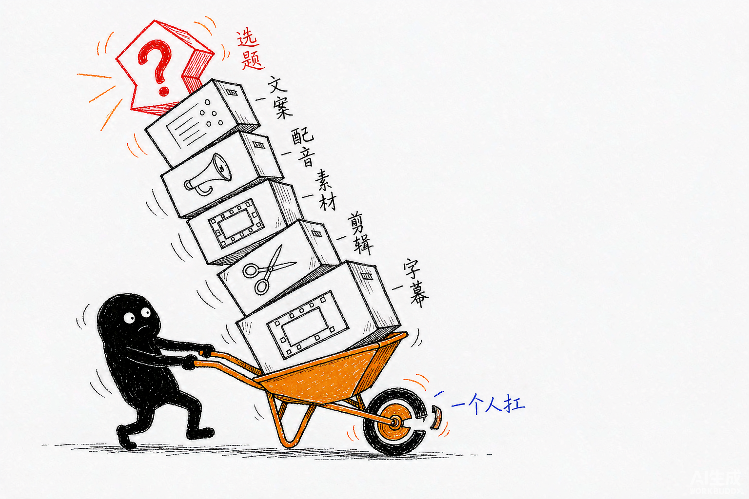 小黑推着一辆堆满六个箱子的独轮车，箱子分别代表选题、文案、配音、素材、剪辑、字幕