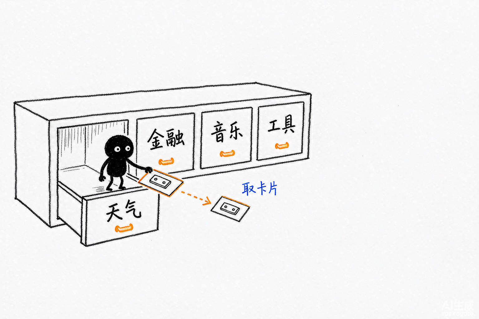 小黑正拉开一排标着天气、金融、音乐等名字的抽屉，从其中一个取出一张接口卡片