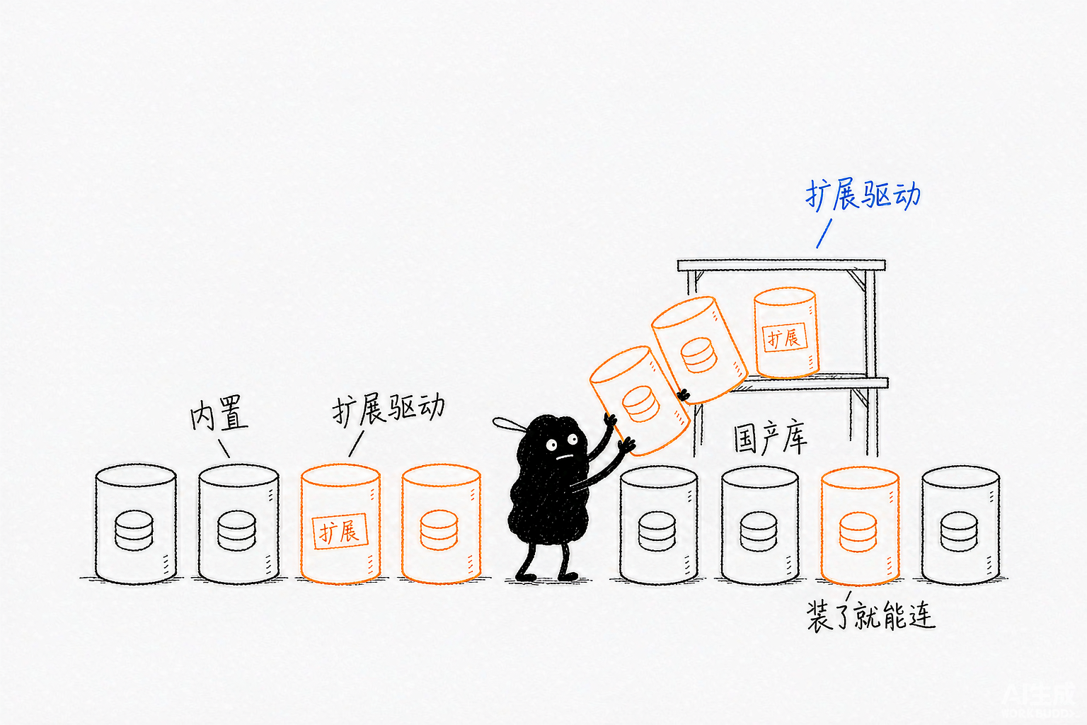 小黑面对一排数据库罐子,其中几个贴着扩展标签