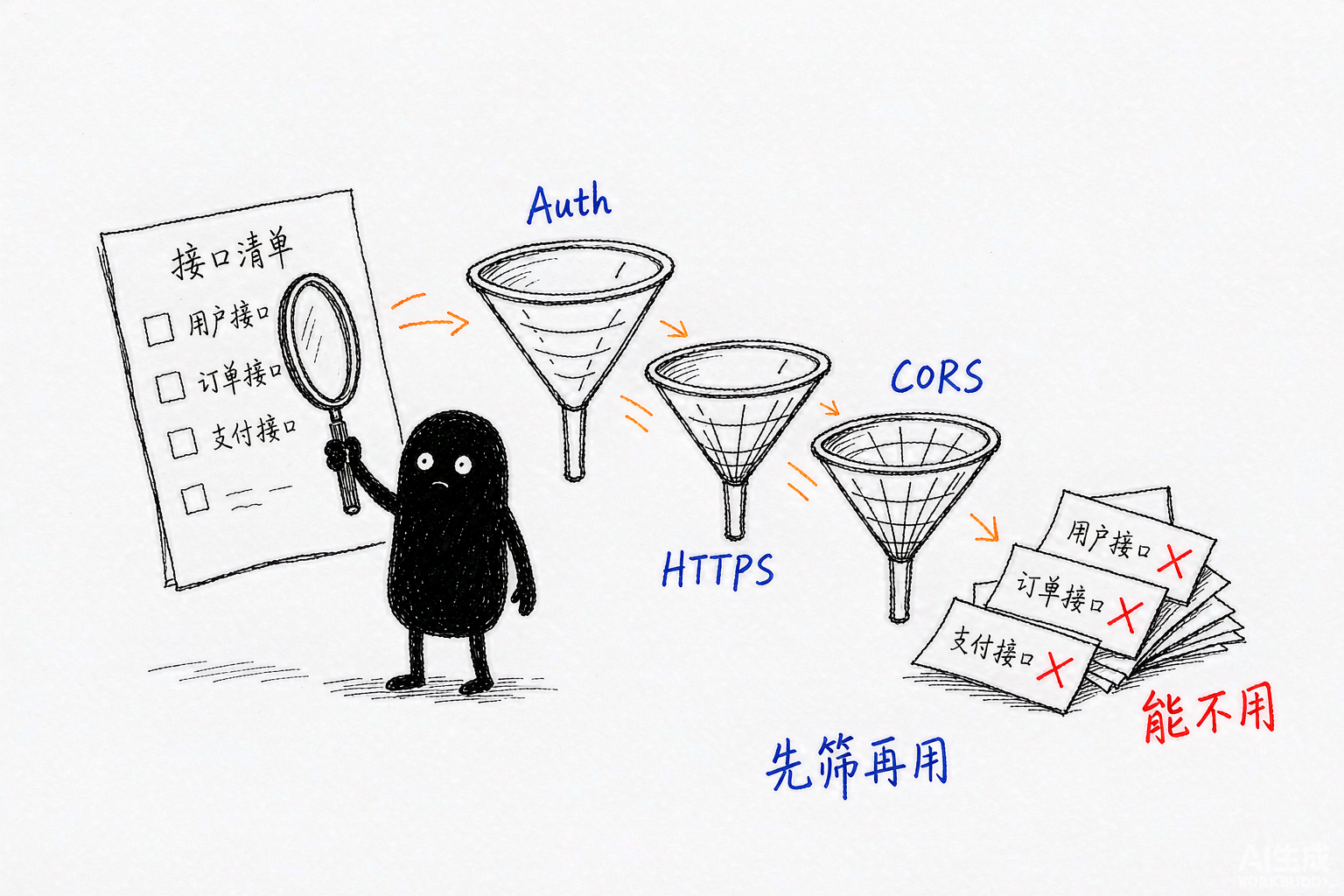 小黑举着放大镜在清单上逐行检查，旁边立着三个标着 Auth、HTTPS、CORS 的筛子