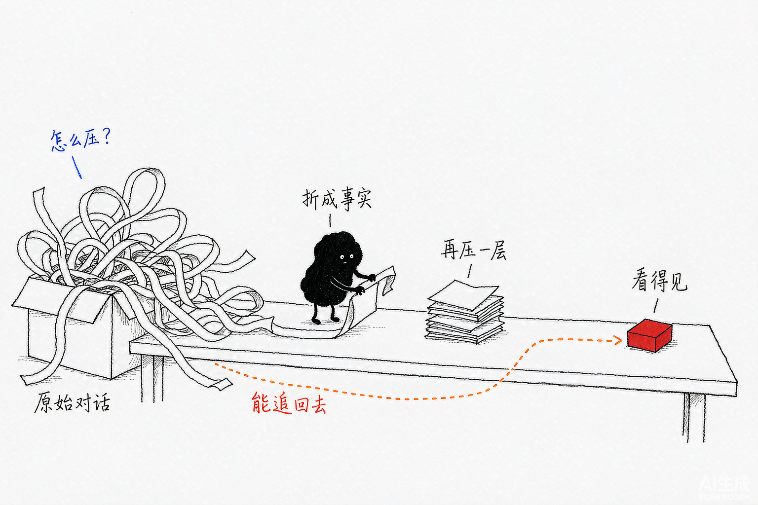 小黑在长桌上把乱糟糟的纸条折成卡片，再压成小方块，虚线能追回原始记录