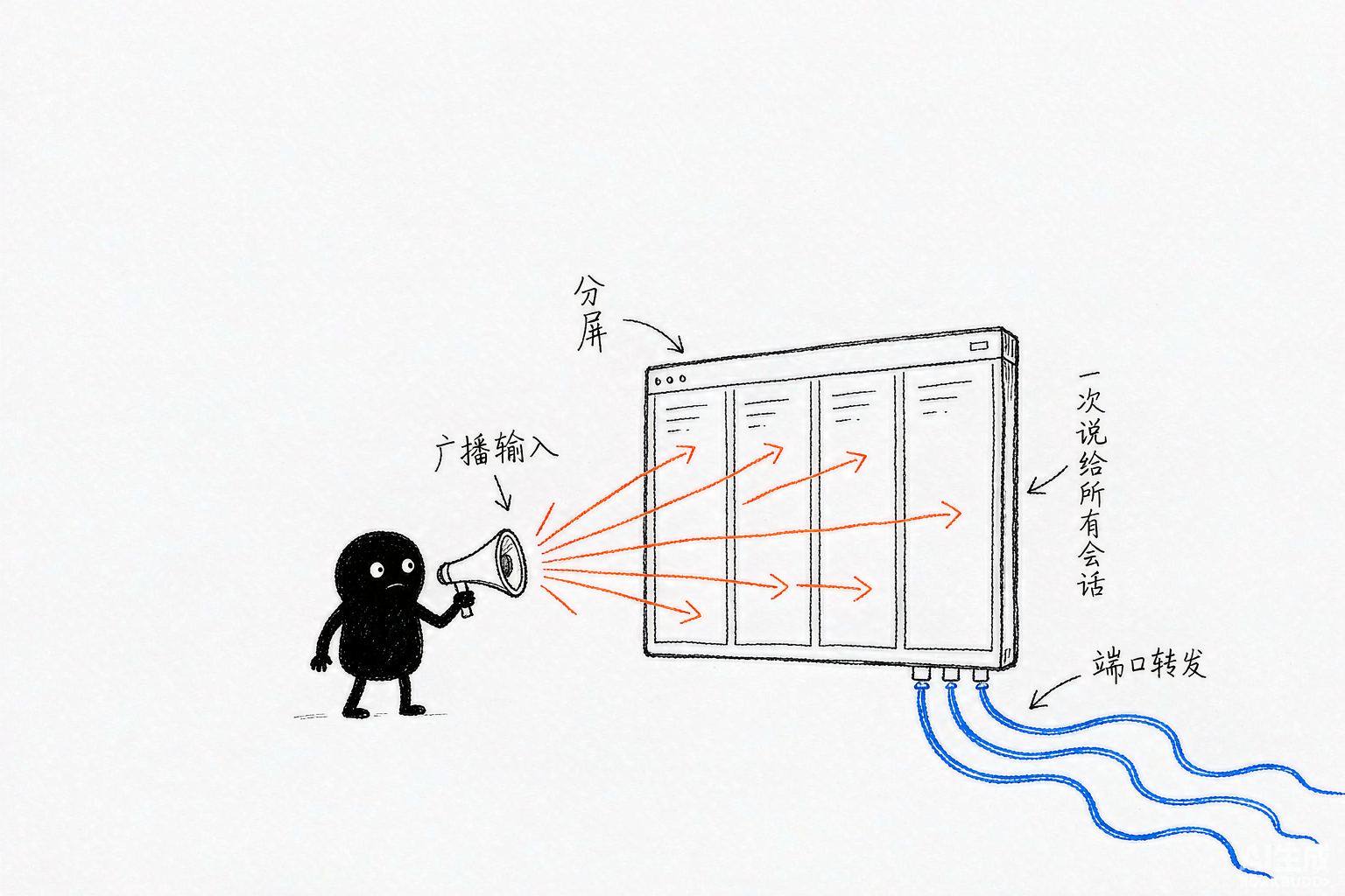 小黑面对一块被劈成好几格的终端屏,声音同时传进每一格,旁边接出几根端口转发管道