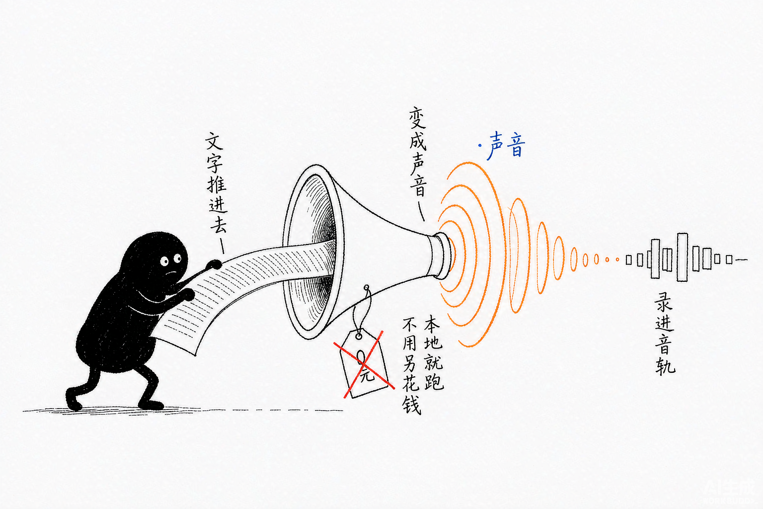 小黑把文字推进大喇叭，喇叭吐出声波并录进音轨，挂着划掉的价签