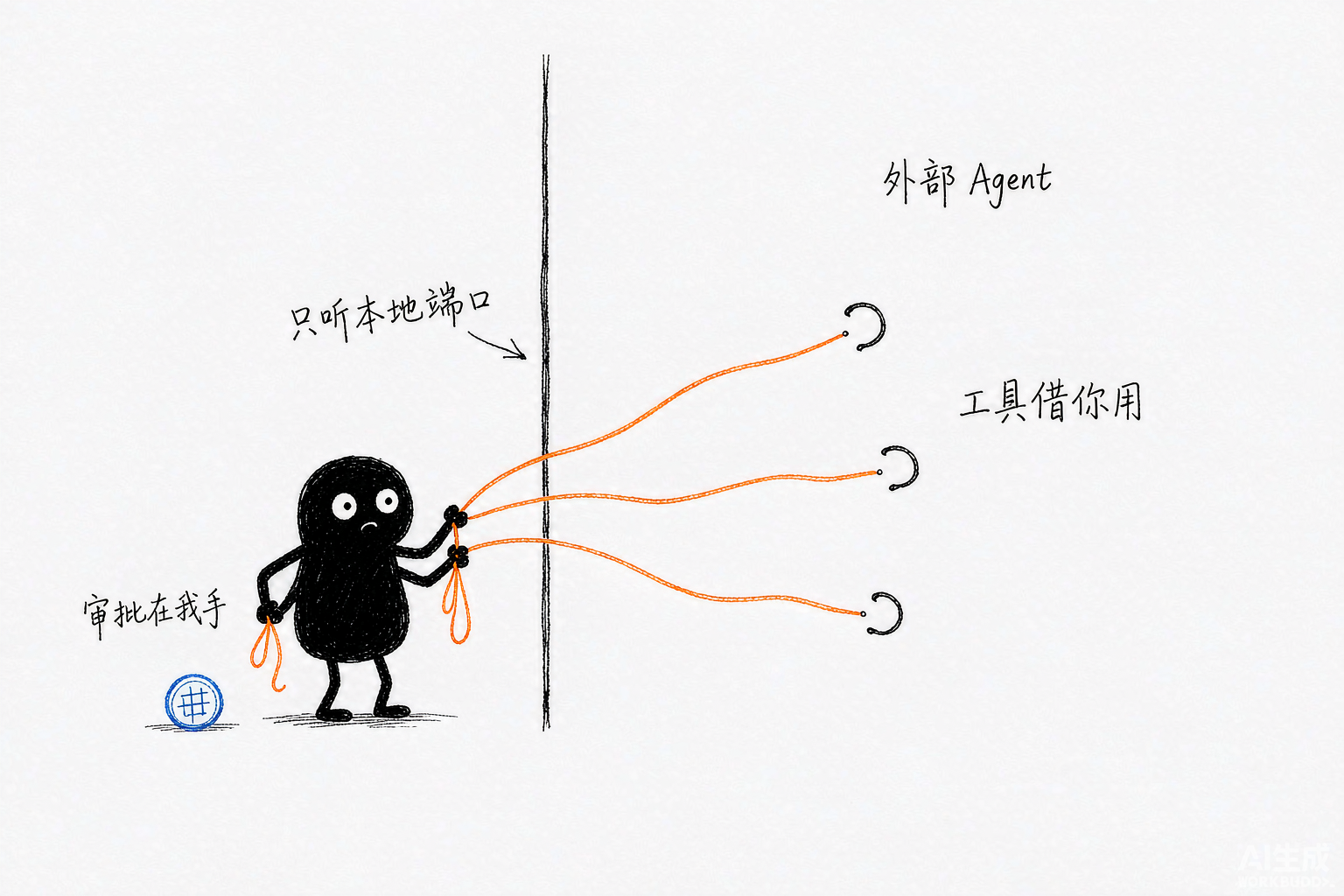 小黑把几根工具线递给门外的 Agent,但线的另一头仍攥在自己手里