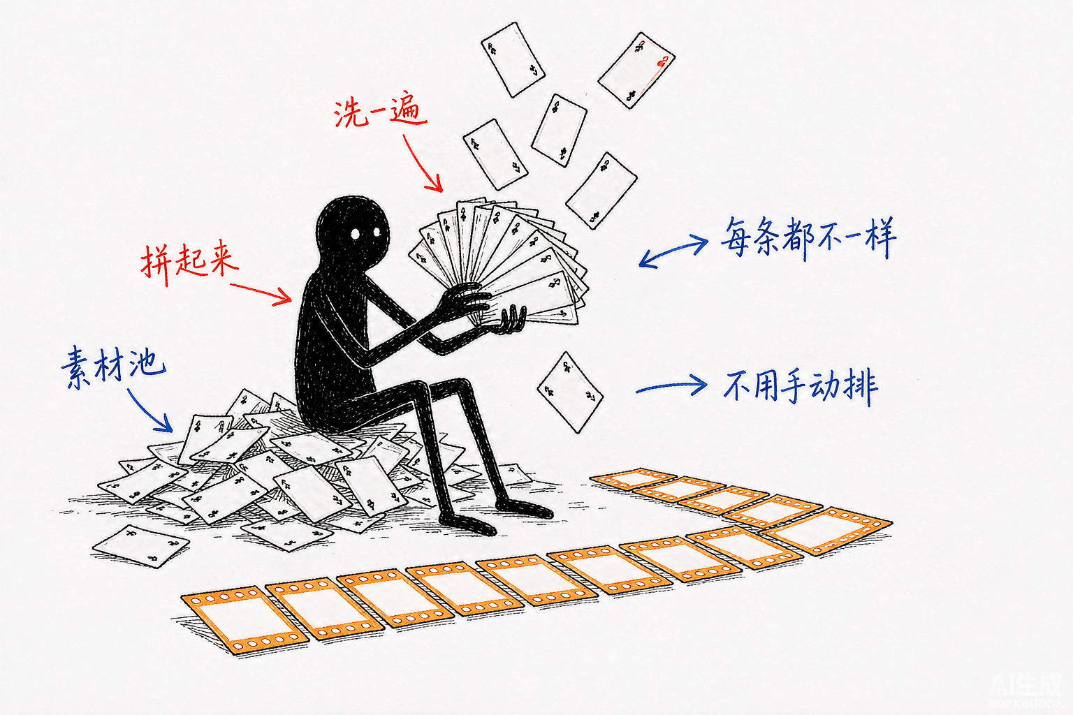 小黑坐在素材卡片堆里洗牌，脚边已经拼好一条胶片带