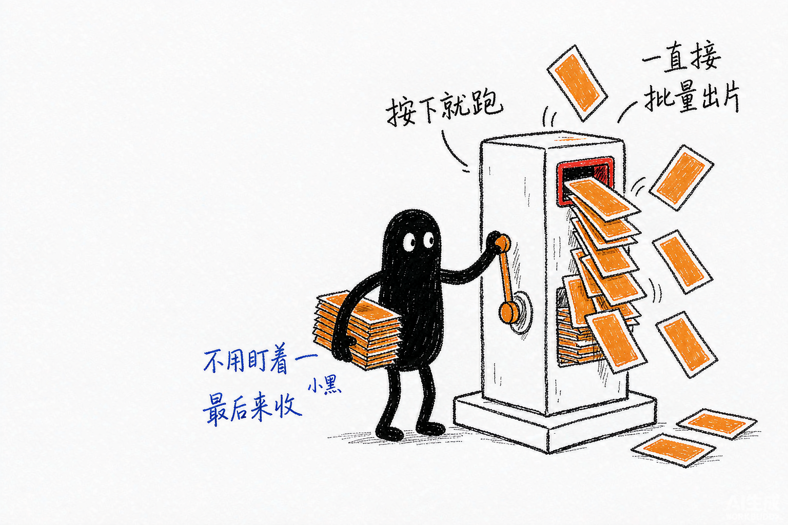 小黑按住机器拉杆，机器不断吐出视频卡片，小黑手里已经摞了厚厚一叠