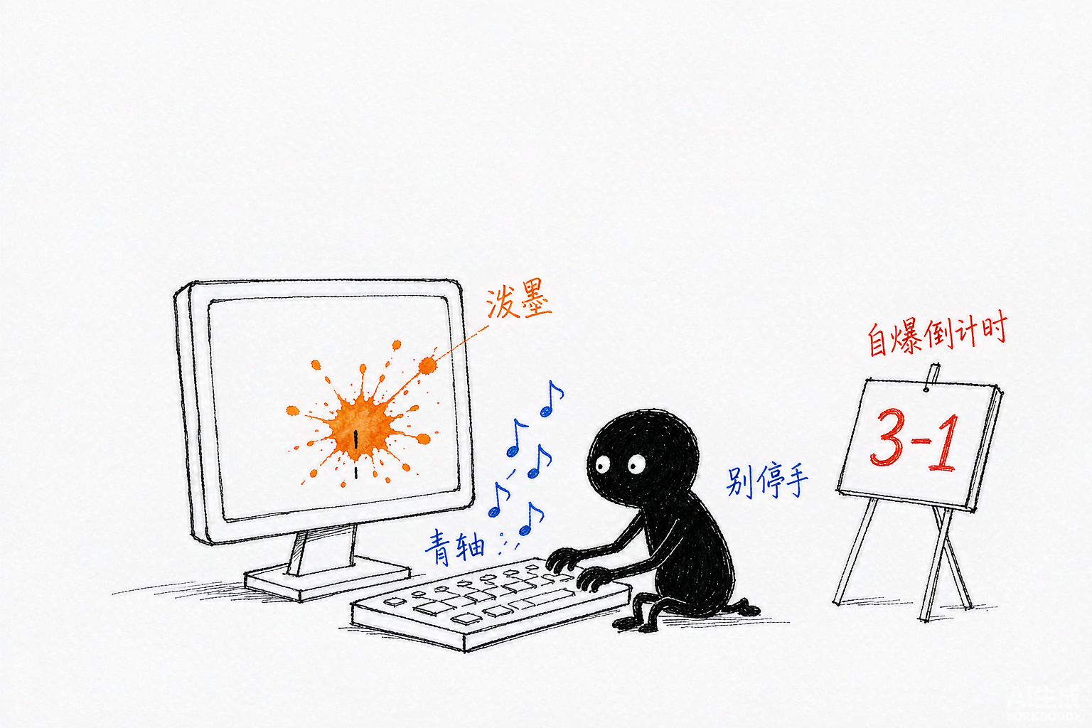 小黑在键盘上敲字，光标处溅起一团墨迹，旁边立着一块正在倒计时的牌子