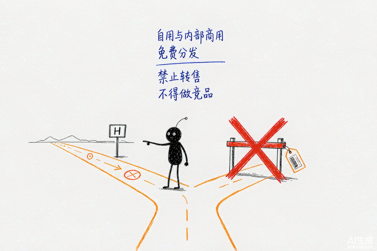 小黑指着两条路:一条写着免费分发的通道放行,另一条写着转售的通道被红叉挡住