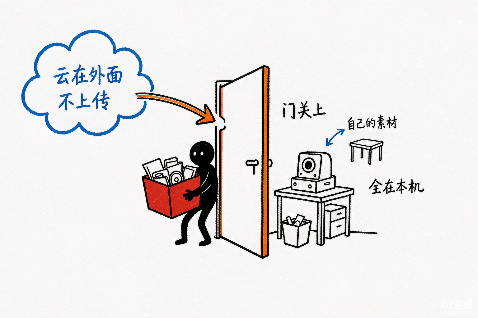 小黑抱着装满资料和胶片的箱子，用背把门关上，门外的云进不来